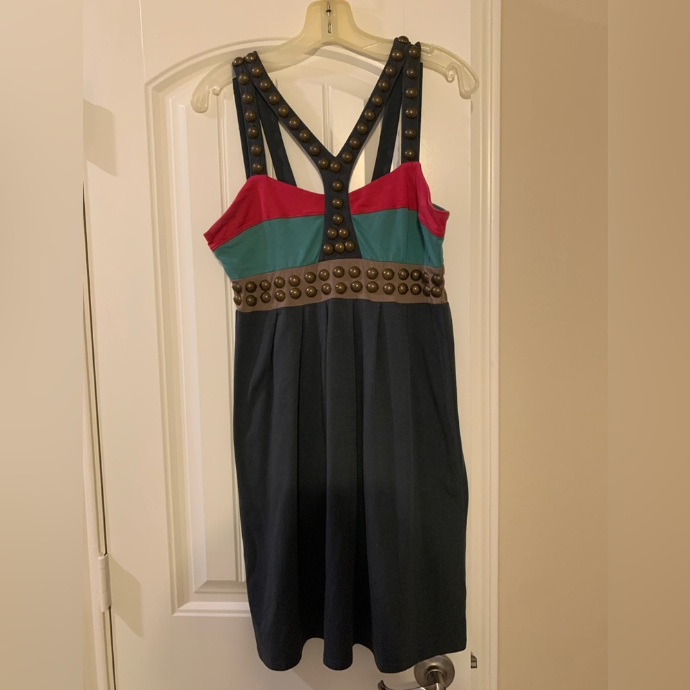 Sugar Lips- A-Line Strappy Teal/Pink/Grey Mini Dress w/ Bronze Hardware l Large
